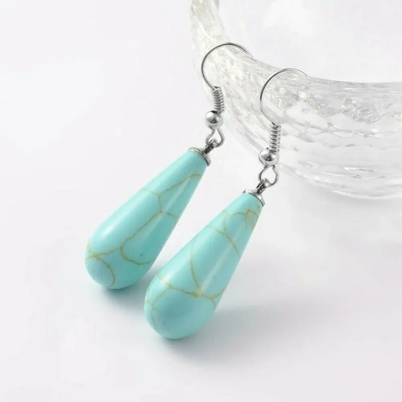 Hand Crafted Minimalist Teardrop Turquoise Blue Magnesite Gemstone Earrings - Picture 1 of 1